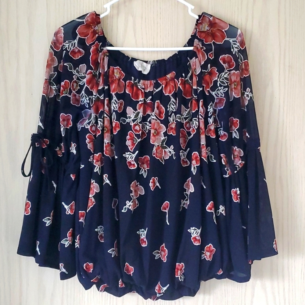 Dark Blue Pink Flower Blouse